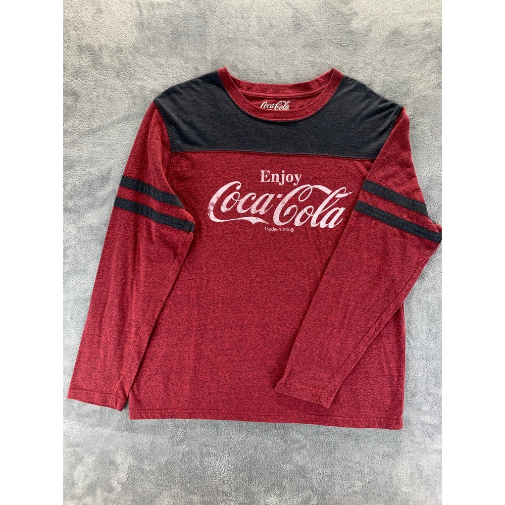 Coca-Cola Graphic T-Shirt Mens XL Red Black Long Sleeve Striped Retro Enjoy Logo